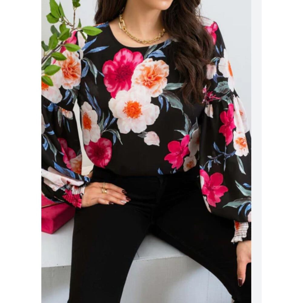 Blue Pepper Floral Drop Sleeve Black Multi Long Sleeve Blouse NEW-cottagecore